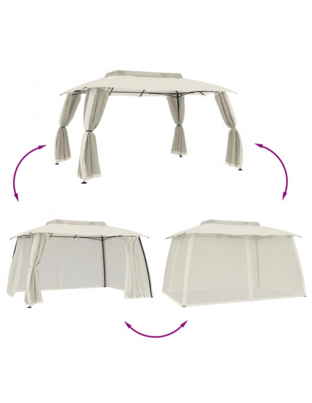 Gazebo con Tetto Doppio e Pareti Rete Crema 3,93x2,93 m Acciaio