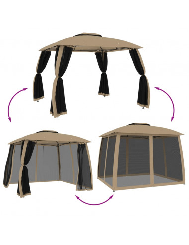 Gazebo con Tetto Doppio/Pareti Rete Tortora 2,93x2,93 m Acciaio