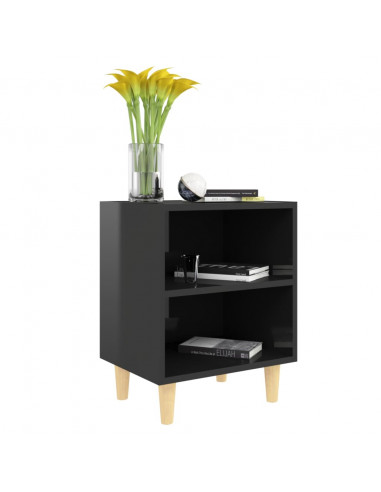 Comodino con Gambe in Legno Massello Nero Lucido 40x30x50 cm