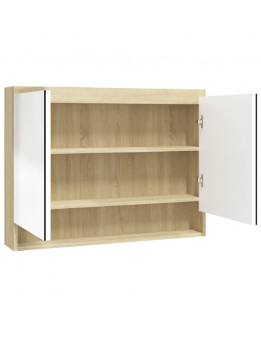 Armadietto Bagno con Specchio 80x15x60cm in MDF Bianco e Rovere