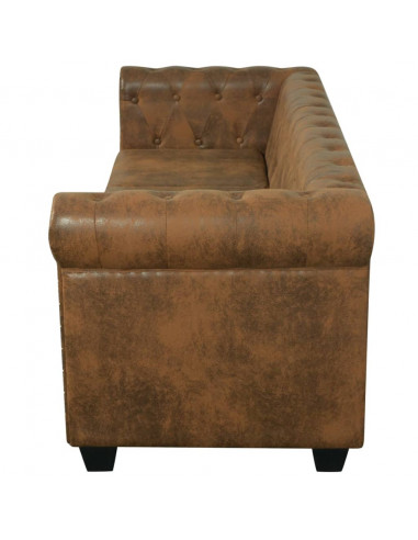 Divano Chesterfield a 3 Posti in Finta Pelle Marrone