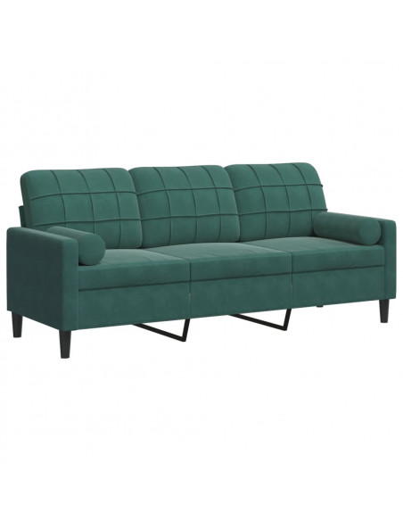 Divano a 3 Posti con Cuscini Verde Scuro 180 cm in Velluto