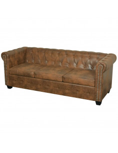 Divano Chesterfield a 3 Posti in Finta Pelle Marrone 2