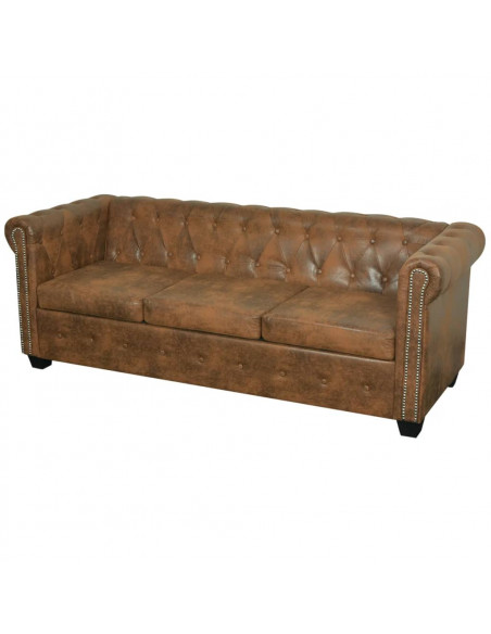Divano Chesterfield a 3 Posti in Finta Pelle Marrone