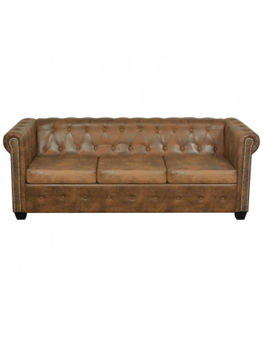 Divano Chesterfield a 3 Posti in Finta Pelle Marrone