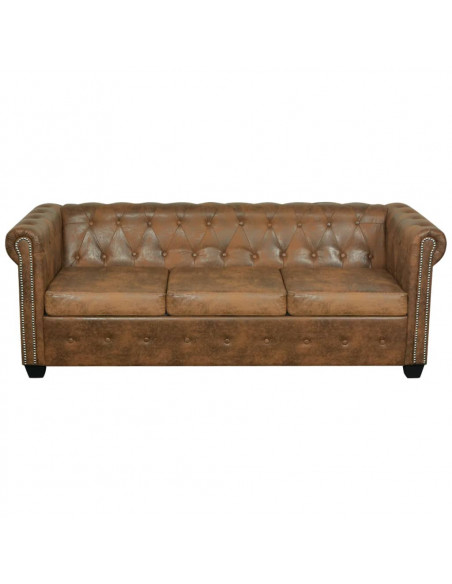 Divano Chesterfield a 3 Posti in Finta Pelle Marrone