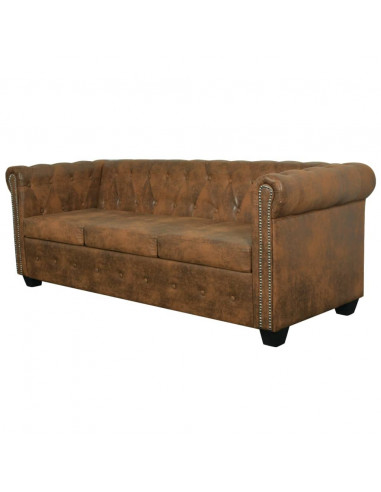 Divano Chesterfield a 3 Posti in Finta Pelle Marrone