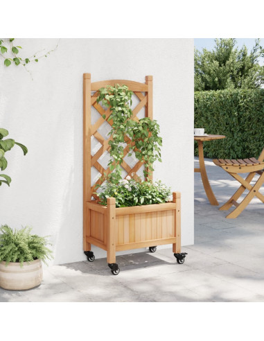Fioriera con Traliccio e Ruote Marrone Legno Massello di Abete