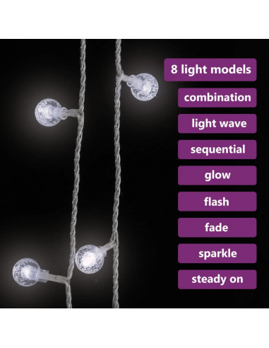 Filo di Luci Sferiche 20m 200 LED Bianco Freddo 8 Funzioni