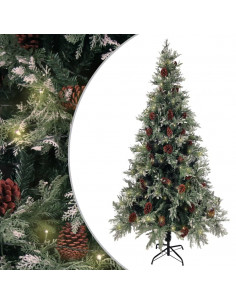 Albero di Natale con Luci e Pigne Verde e Bianco 225cm PVC e PE 2