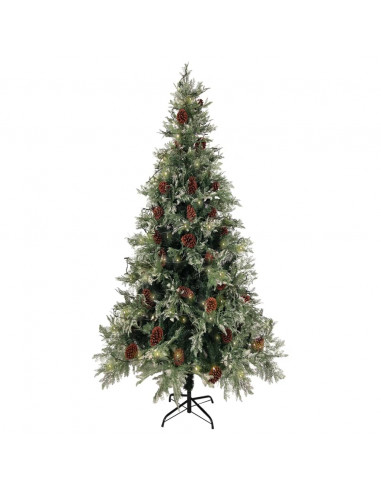 Albero di Natale con Luci e Pigne Verde e Bianco 225cm PVC e PE