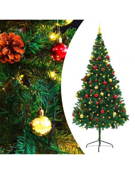 Albero di Natale Preilluminato con Palline Verde 210 cm