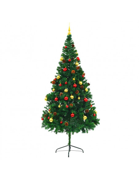 Albero di Natale Preilluminato con Palline Verde 210 cm