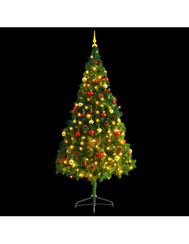 Albero di Natale Preilluminato con Palline Verde 210 cm