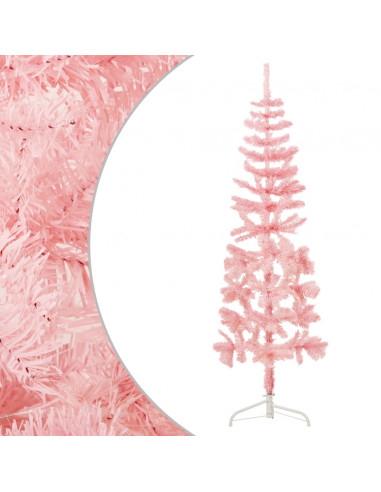 Albero Natale Artificiale Sottile a Metà e Supporto Rosa 150 cm