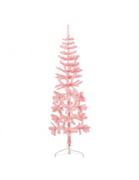 Albero Natale Artificiale Sottile a Metà e Supporto Rosa 150 cm
