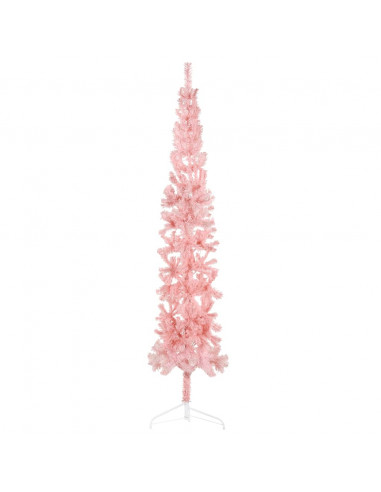 Albero Natale Artificiale Sottile a Metà e Supporto Rosa 210 cm