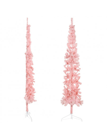 Albero Natale Artificiale Sottile a Metà e Supporto Rosa 210 cm