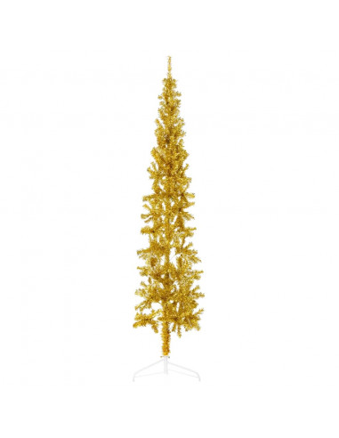 Albero Natale Artificiale Sottile a Metà con Supporto Oro 210cm