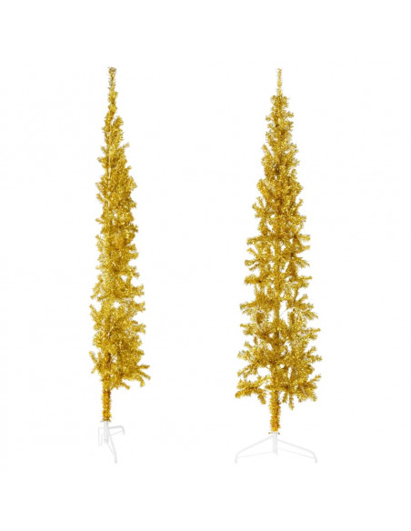 Albero Natale Artificiale Sottile a Metà con Supporto Oro 210cm