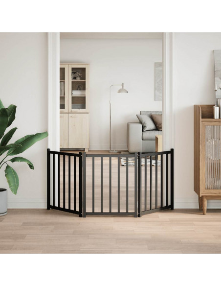Cancello Cani Pieghevole 3 Pannelli Nero 150 cm Massello Abete