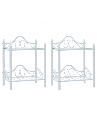 Comodini Set 2 pz Acciaio e Vetro Temperato 45x30,5x60cm Bianco