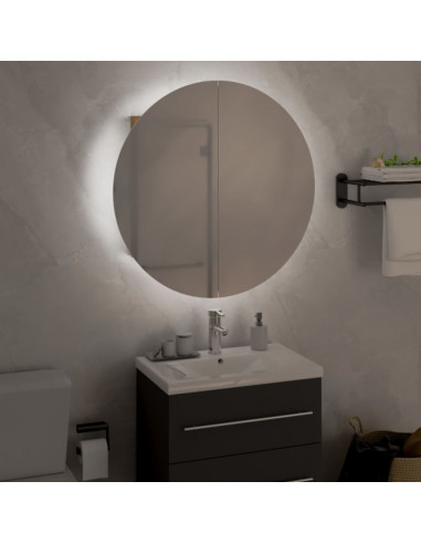 Armadio da Bagno con Specchio Rotondo e LED Rovere 47x47x17,5cm