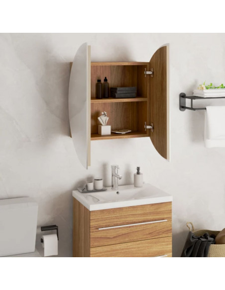 Armadio da Bagno con Specchio Rotondo e LED Rovere 47x47x17,5cm