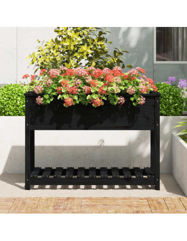 Fioriera con Mensola Nera 111,5x54x81cm Legno Massello di Pino