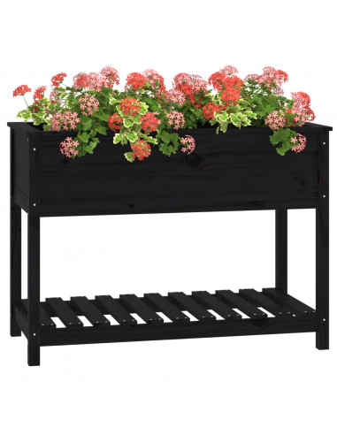 Fioriera con Mensola Nera 111,5x54x81cm Legno Massello di Pino