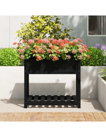 Fioriera con Mensola Nera 82,5x54x81 cm Legno Massello di Pino