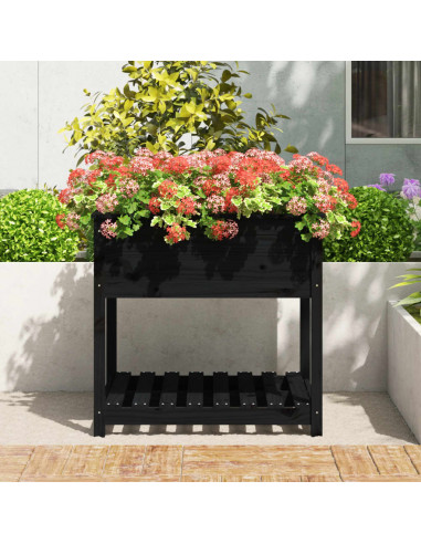 Fioriera con Mensola Nera 82,5x82,5x81cm Legno Massello di Pino