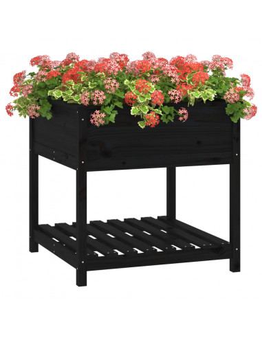 Fioriera con Mensola Nera 82,5x82,5x81cm Legno Massello di Pino