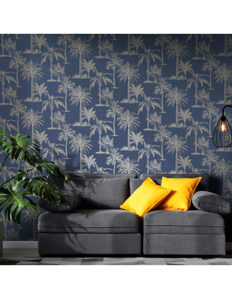 DUTCH WALLCOVERINGS Carta da Parati Alberi Tropicali Blu e Argento