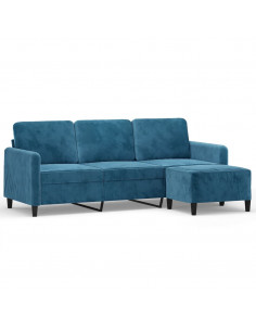 Divano a 3 Posti con Poggiapiedi Blu 180 cm in Velluto 2