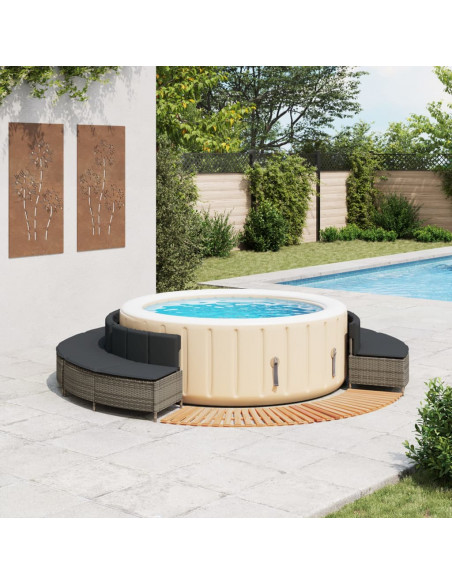 Bordo per Spa Grigio in Polyrattan e Legno Massello di Acacia