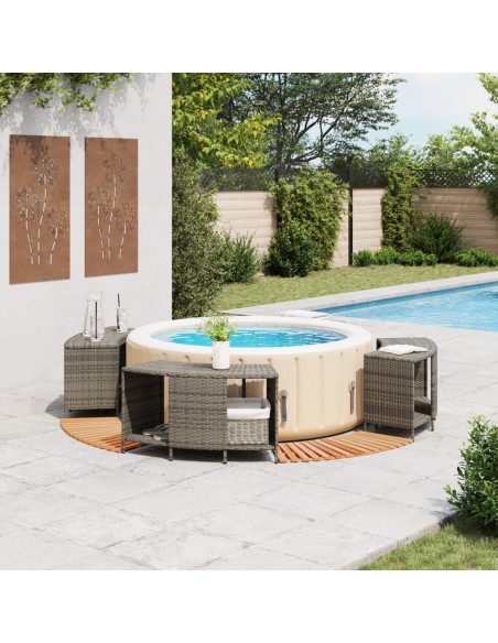 Bordo per Spa Grigio in Polyrattan e Legno Massello di Acacia