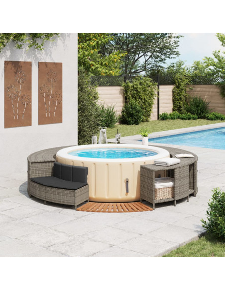 Bordo per Spa Grigio in Polyrattan e Legno Massello di Acacia