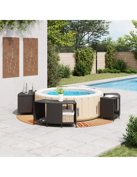 Bordo per Spa Nero in Polyrattan e Legno Massello di Acacia