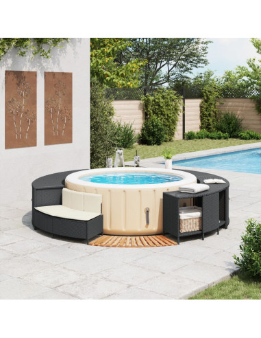 Bordo per Spa Nero in Polyrattan e Legno Massello di Acacia