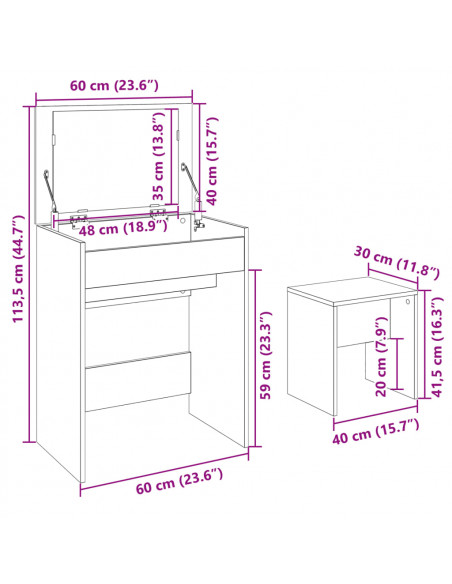 Toeletta e Sgabello Rovere Fumo 60x40x113,5 cm