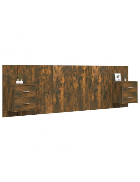 Testiera Letto con Comodini in Legno Multistrato Rovere Fumo
