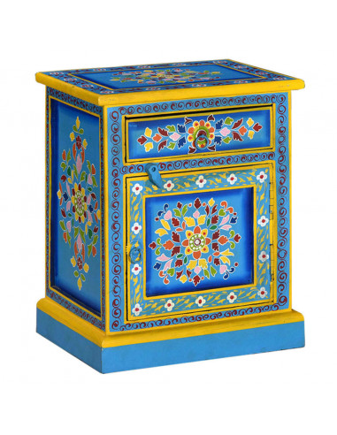 Comodino in Legno Massello di Mango Turchese Dipinto a Mano