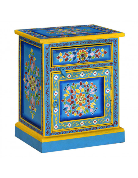 Comodino in Legno Massello di Mango Turchese Dipinto a Mano