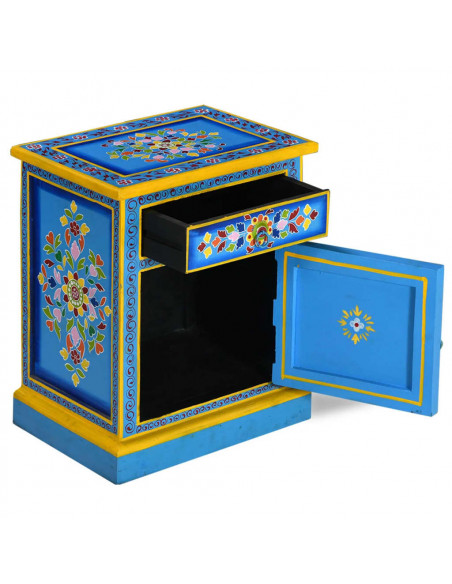 Comodino in Legno Massello di Mango Turchese Dipinto a Mano