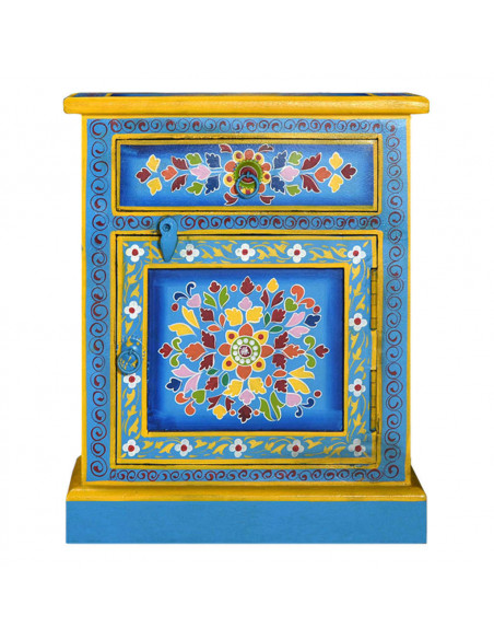 Comodino in Legno Massello di Mango Turchese Dipinto a Mano