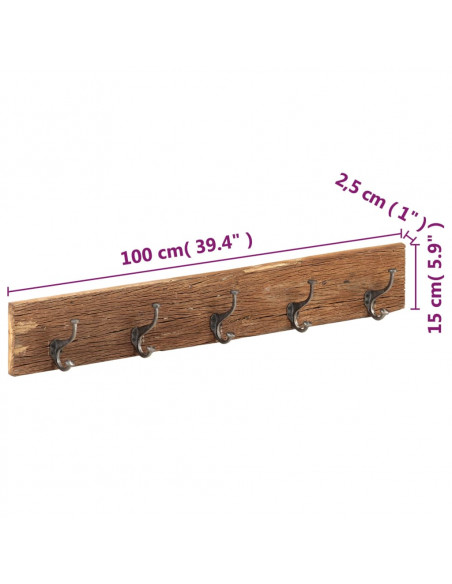 Appendiabiti Parete 5 Ganci 100x2,5x15cm Massello di Recupero