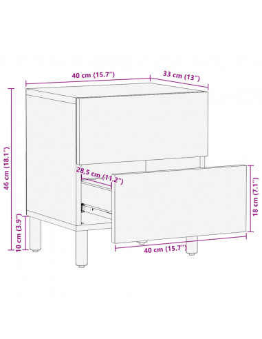 Comodino Nero 40x33x46 cm in Legno Massello di Mango