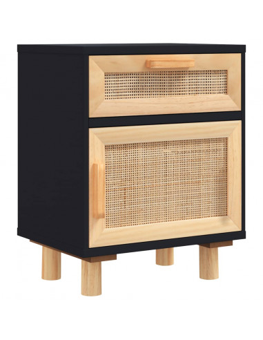 Comodino Nero in Legno Massello di Pino e Rattan Naturale