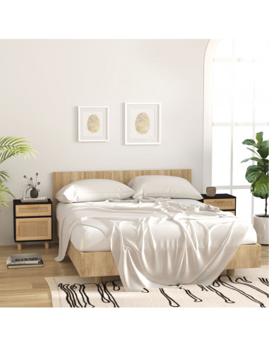 Comodino Nero in Legno Massello di Pino e Rattan Naturale